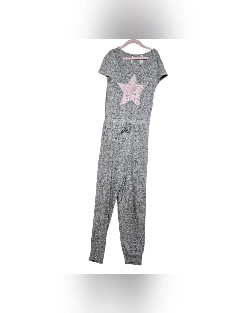 Justice Gray Pink Sequins Star Jumpsuit Keyhole Short Sleeves Stretchy Girls 8